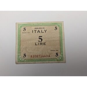 1943 5 Lira Allied Military Currency Note Circulated